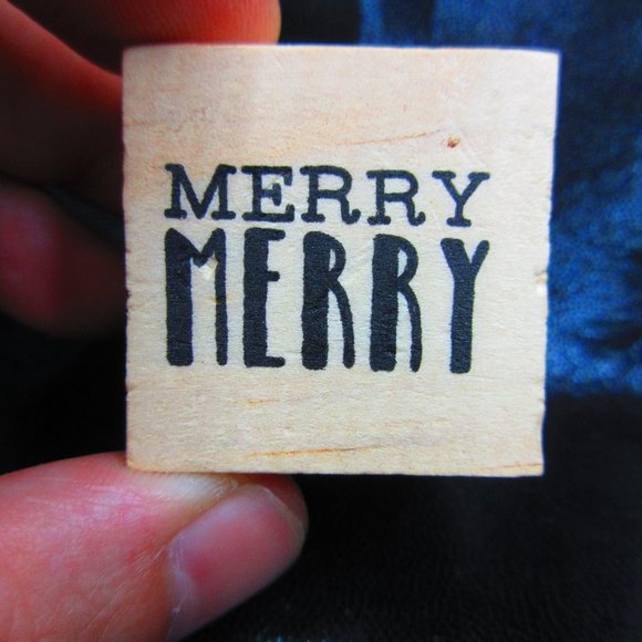 Merry Merry Wood Mounted Stamp 1.25" X 1.25" - Picture 1 of 3